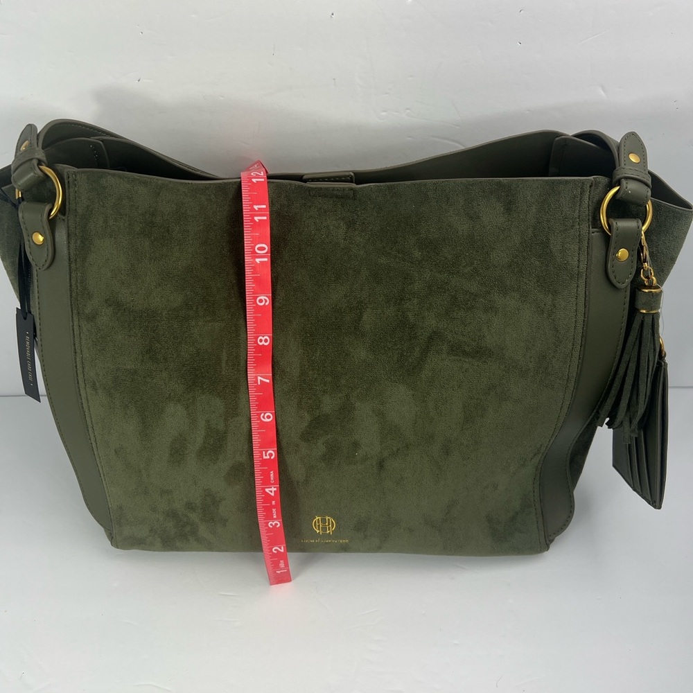 HOUSE OF HARLOW 1960 LUX TOTE, FAUX SUEDE OLIVE GREEN COLOR WITH A BACK POCKET - Picture 14 of 17